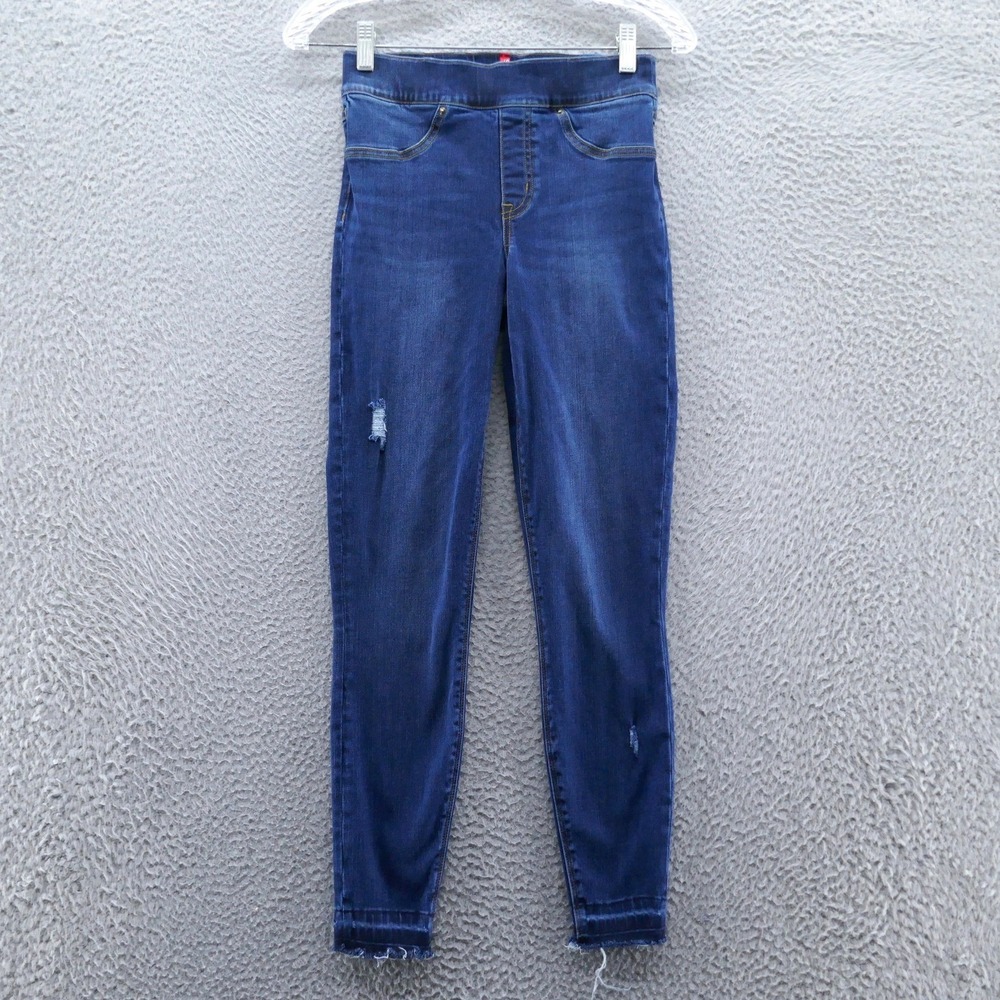 Spanx Womens Ankle Skinny Jeans Dark Indigo Distressed Raw Hem Pull On XS